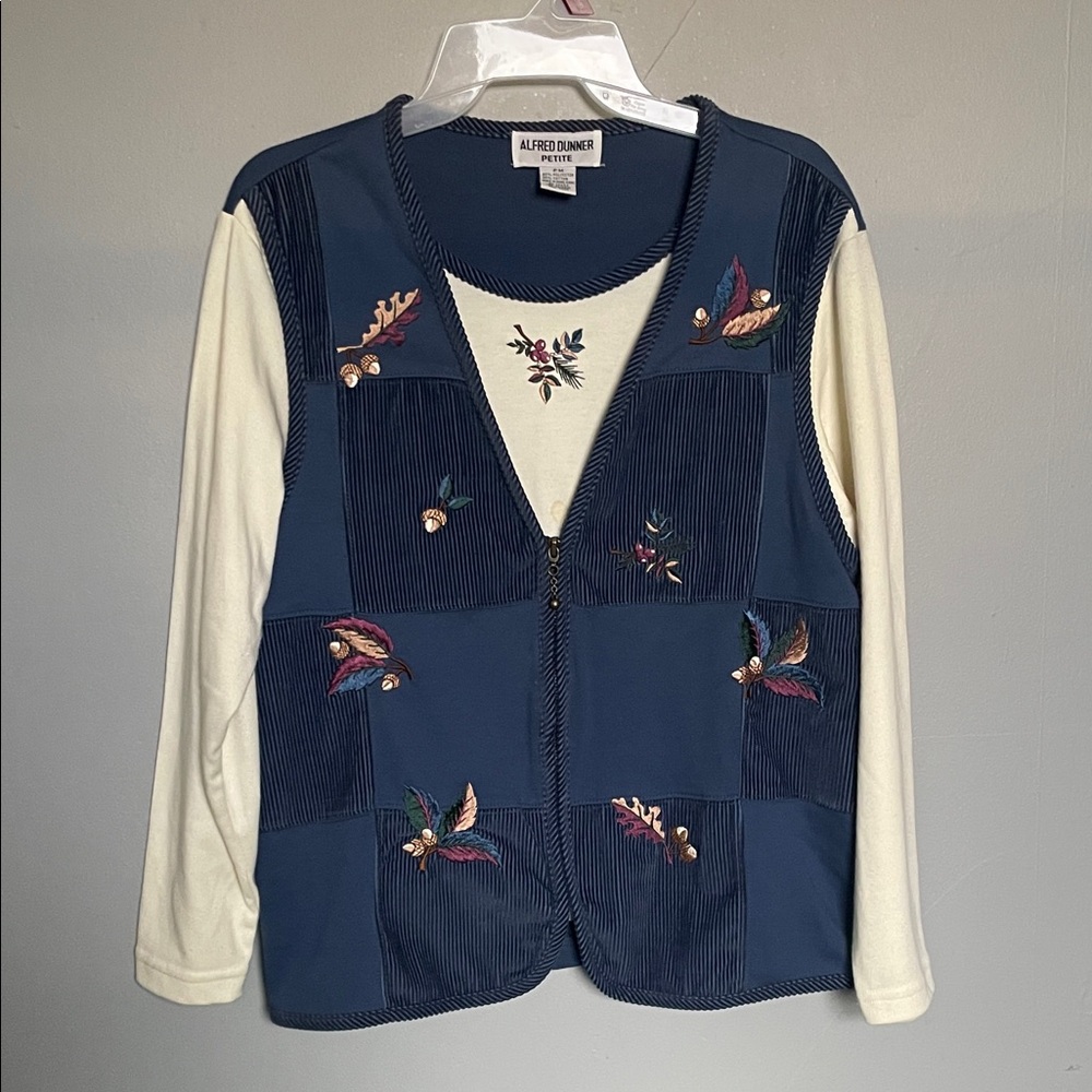 Vintage Alfred Dunner Petite Medium Patchwork layered zip vest shirt combo